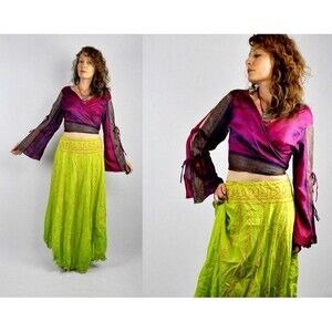 Indian Crop Wrap Top SILK Top Blouse Open Sides Bell sleeves Tie Dye Boho Gypsy